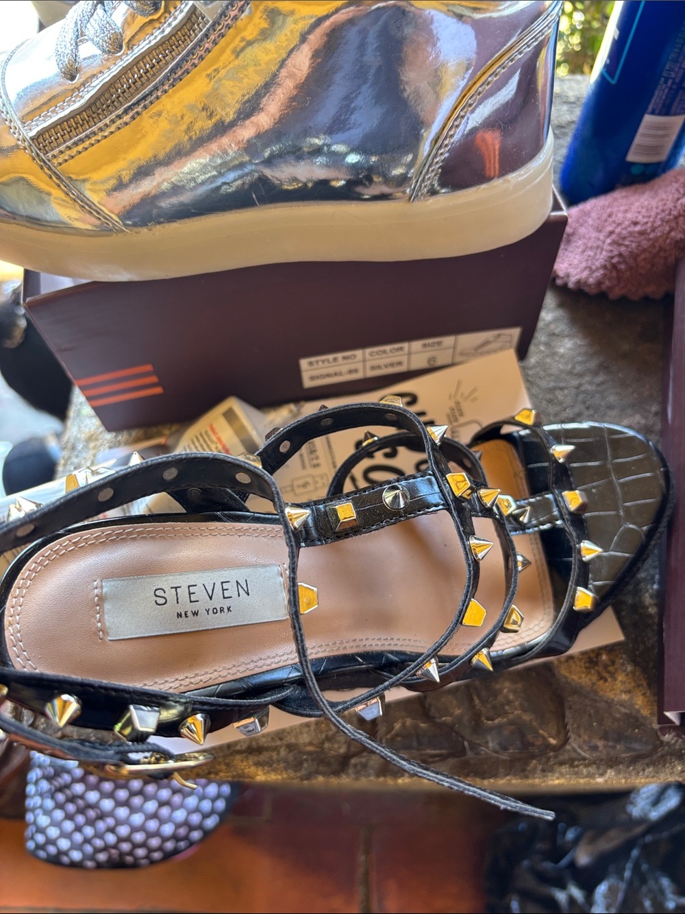 Seven7 Black Sandals with Gold Studs